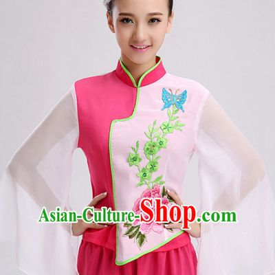Pink Chinese Folk Fan Dancing Costumes and Headdress Complete Set for Women