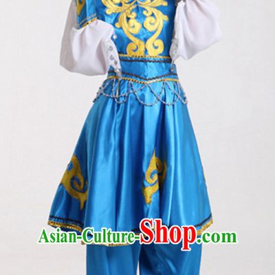 High Collar Blue Chinese Folk Fan Dancing Costumes Complete Set for Women