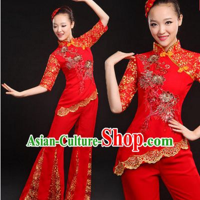 Red Chinese Traditional Han Minority Handkerchief Dance Costumes Dancing Outfits and Hat Complete Set for Women or Girls