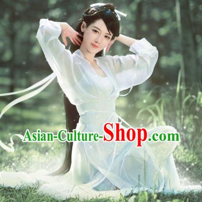 Chinese Ancient Beauty White Costumes and Headdress Complete Set for Women or Girls