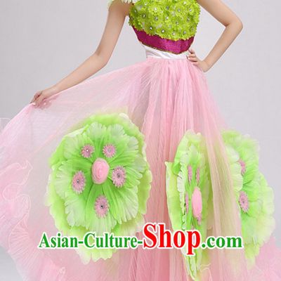Pink Chinese Folk Flower Dancing Costumes and Headdress Complete Set for Women