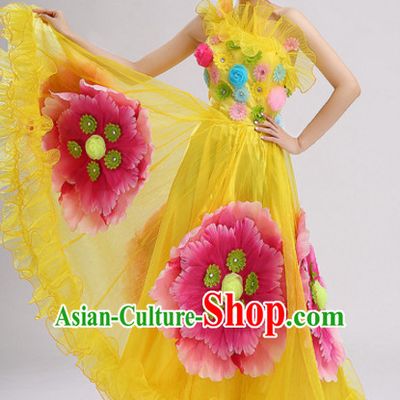 Yellow Chinese Folk Flower Dancing Costumes and Headdress Complete Set for Women