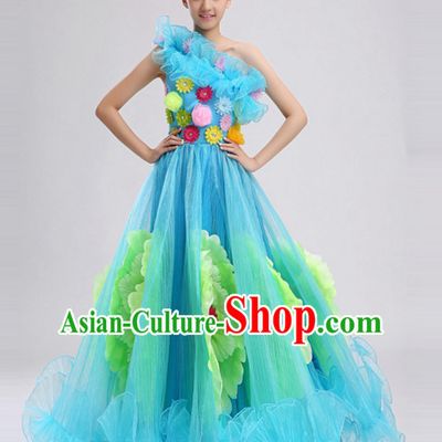 Blue Chinese Folk Peony Flower Dance Costumes and Headdress Complete Set for Women