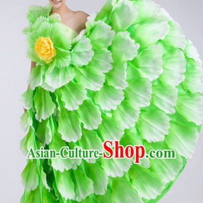 Green Chinese Stage Performance Flower Dancewear Costume and Headdress Complete Set for Women