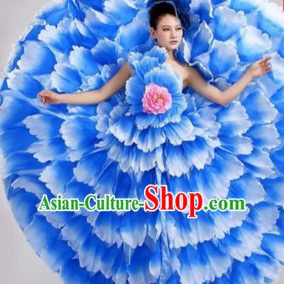 Blue Chinese Flower Petal Dance Costumes and Headdress Complete Set for Women