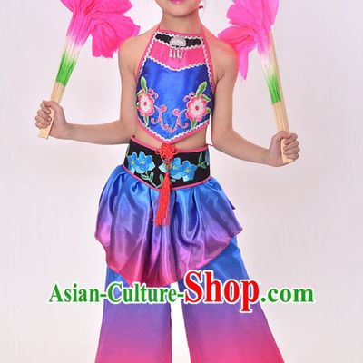 Chinese Folk Fan Dance Costumes and Headdress Complete Set for Children Girls