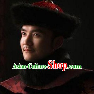 Black Chinese Traditional Qing Dynasty Official Fur Hat for Men