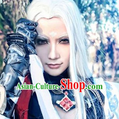 Chinese Ancient Male Style White Long Wigs