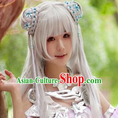 Chinese Ancient Female Style White Long Wigs