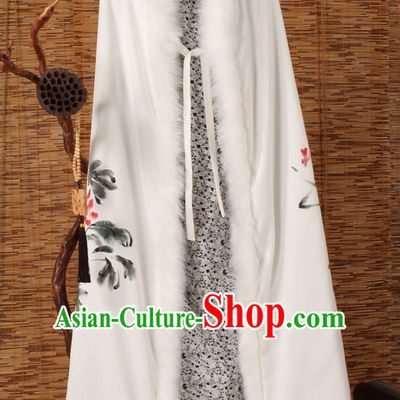 Traditional Chinese Style Long Mantle Cape with Hands Painted Peony