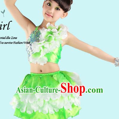 Green Chinese Peony Flower Dancing Costumes for Girls