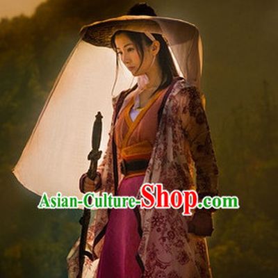 Ancient Chinese Kung Fu Lady Costumes and Hat Complete Set for Girls Women