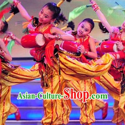Chinese Stage Performance Drum Dance Costumes Complete Set for Kids