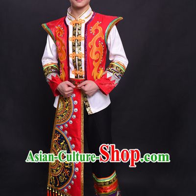 Chinese Chuang Group the Zhuang Nationality Folk Dance Ethnic Wear China Clothing Costume Ethnic Dresses Cultural Dances Costumes Complete Set for Men