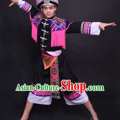 Chinese Chuang Group the Zhuang Nationality Folk Dance Ethnic Wear China Clothing Costume Ethnic Dresses Cultural Dances Costumes Complete Set for Men