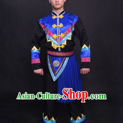Chinese Chuang Group the Zhuang Nationality Folk Dance Ethnic Wear China Clothing Costume Ethnic Dresses Cultural Dances Costumes Complete Set for Men Boys
