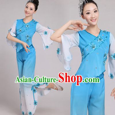 Blue Chinese Dance costume Dance Classes Uniforms Folk Dance Traditional Cultural Dance Costumes Complete Set