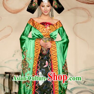 Ancient Tang Dynasty Chinese Imperial Palace Empress Queen Princess Garment Clothing and Hair Jewelry Complete Set for Women