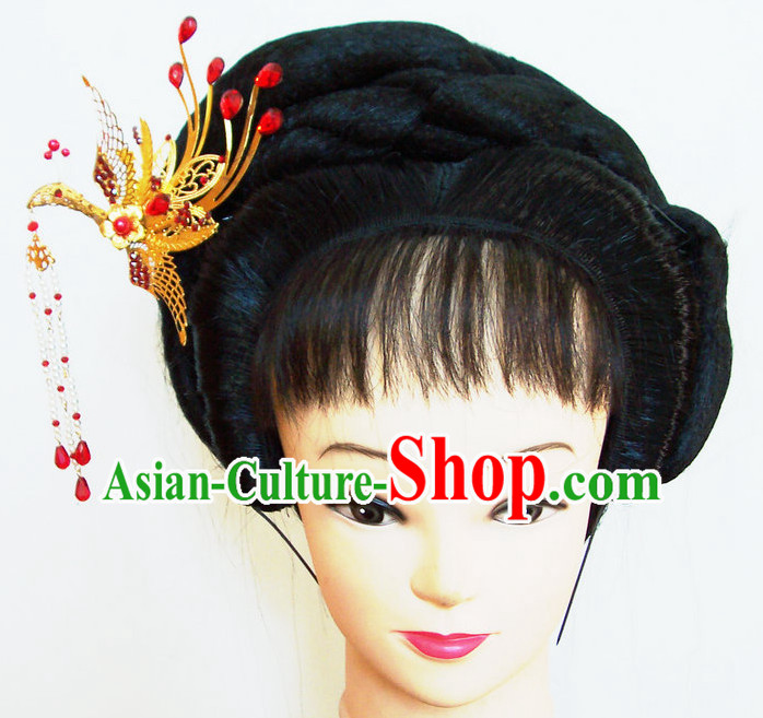 Chinese Ancient Opera Style Black Wigs and Phoenix Hairpin Headwear Hair Accessories for Women
