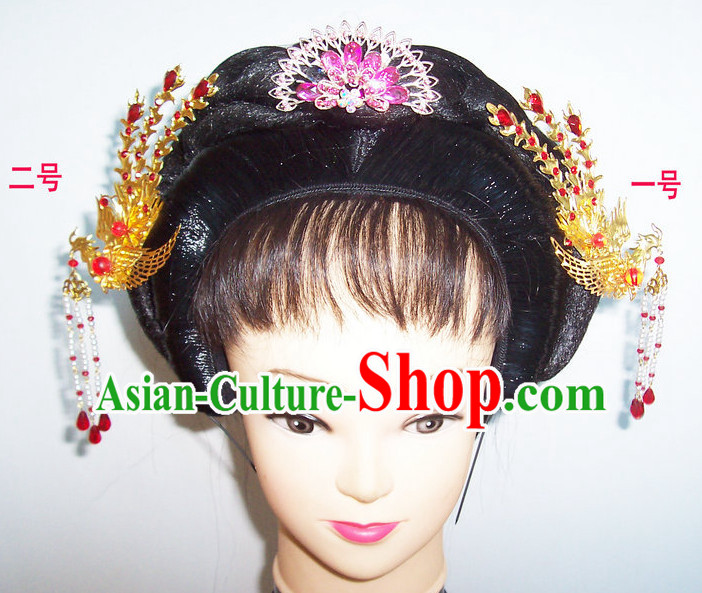 Chinese Ancient Opera Style Black Wigs and Phoenix Hairpin Headwear Hair Accessories for Women