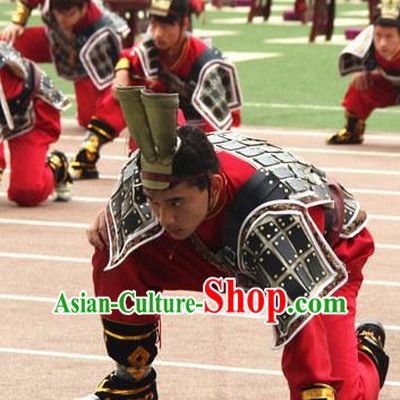 Chinese Classical Qin Bing Ma Yong Warrior Dancing Dance Costumes and Headwear Complete Set for Men
