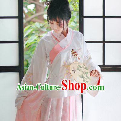 Traditional Chinese Pink Ming Dynasty Blouse and Skirt Complete Set for Women