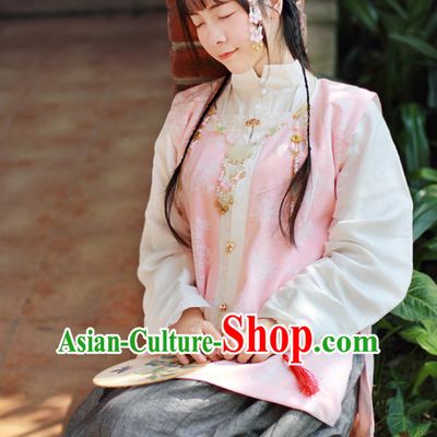 Traditional Chinese Pink Ming Dynasty Hanfu Suits Clothes Dresses Skirt and Hair Jewelry Complete Set for Women