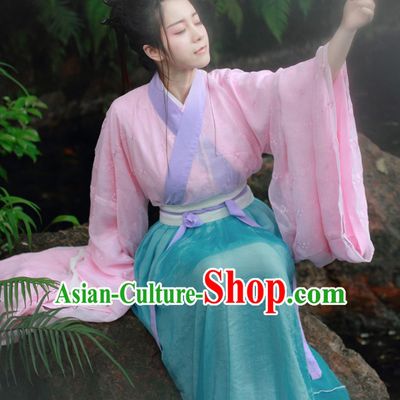 Chinese Traditional Dress Hanfu Costume China Kimono Robe Ancient Chinese Clothing National Costumes Gown Wear and Head Jewelry for Women Girls