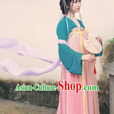 Chinese Traditional Dress Hanfu Costume China Kimono Robe Ancient Chinese Clothing National Costumes Gown Wear and Head Jewelry for Women Girls