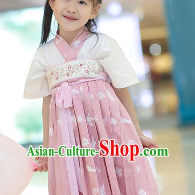 Chinese Traditional Dress Hanfu Costume China Kimono Robe Ancient Chinese Clothing National Costumes Gown Wear and Head Jewelry for Kids Children Girls