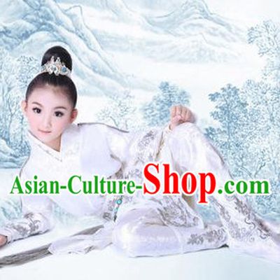 Chinese Traditional Dress Hanfu Costume China Kimono Robe Ancient Chinese Clothing National Costumes Gown Wear and Head Jewelry for Kids Children Boys