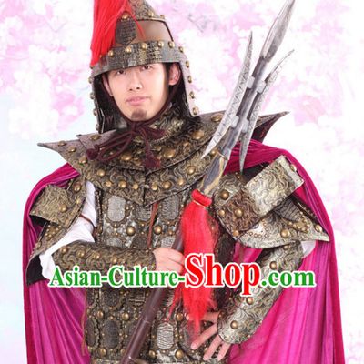 Chinese Traditional Body Armor Dress Hanfu Costume China Kimono Robe Ancient Chinese Clothing National Costumes Gown Wear and Head Jewelry for Men