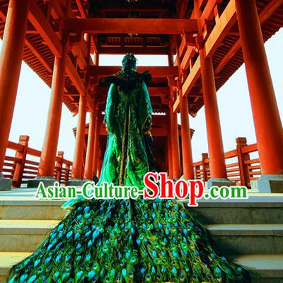 Chinese Traditional Empress Emperor Peacock Dress Hanfu Costume China Kimono Robe Ancient Chinese Clothing National Costumes Gown Wear and Headwear Complete Set for Women