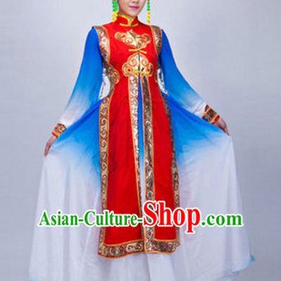 Chinese Ethnic Mongolian Dance Costumes Traditional Chinese Clothing Dress Dancewear Dance Clothes Outfits Dresses and Hat Complete Set for Women