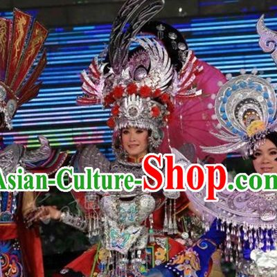Chinese Miao Folk Dance Ethnic Dresses Traditional Wear Clothing Cultural Dancing Costume Complete Set for Women