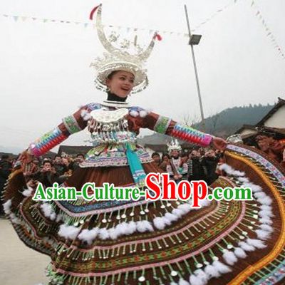 Chinese Miao Folk Dance Ethnic Dresses Traditional Wear Clothing Cultural Dancing Costume Complete Set for Women