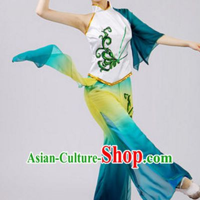 Chinese Theater Traditional Dance Ribbon Dancing Long Sleeve Leotard China Fan Dance Costume Complete Set for Women Girls