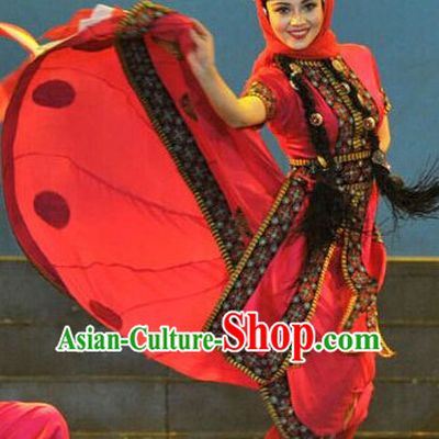 Chinese Xinjiang Folk Ethnic Dance Costume Traditional Minority Clothing National Costumes and Headwear Complete Set for Women
