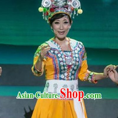 Chinese Folk Ethnic Dance Costume Traditional Minority Clothing National Costumes and Headwear Complete Set for Women