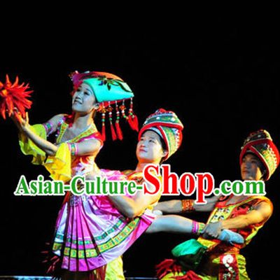 Chinese Zhuang People Folk Dance Ethnic Dresses Traditional Wear Clothing Cultural Dancing Costume Complete Sets for Women