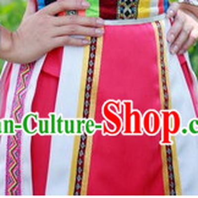 Chinese Zhuang People Folk Dance Ethnic Dresses Traditional Wear Clothing Cultural Dancing Costume Complete Sets for Women