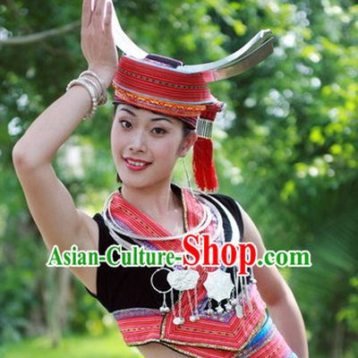 Chinese Zhuang People Folk Dance Ethnic Dresses Traditional Wear Clothing Cultural Dancing Costume Complete Sets for Women