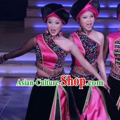 Chinese Zhuang People Folk Dance Ethnic Dresses Traditional Wear Clothing Cultural Dancing Costume Complete Sets for Women