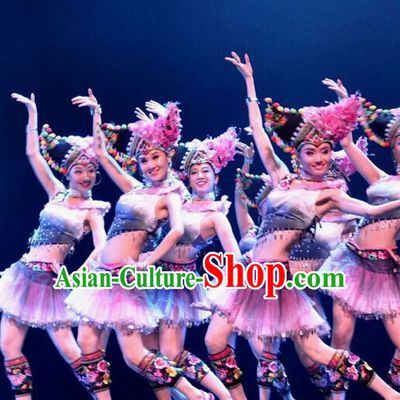 Chinese Zhuang People Folk Dance Ethnic Dresses Traditional Wear Clothing Cultural Dancing Costume Complete Sets for Women
