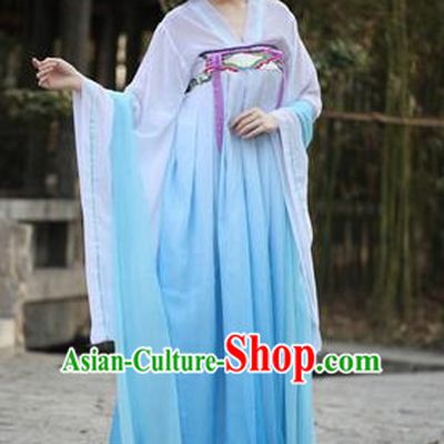 Ancient Chinese Tang Dynasty Style White Blue Gradient Skirt Clothing Complete Set for Women