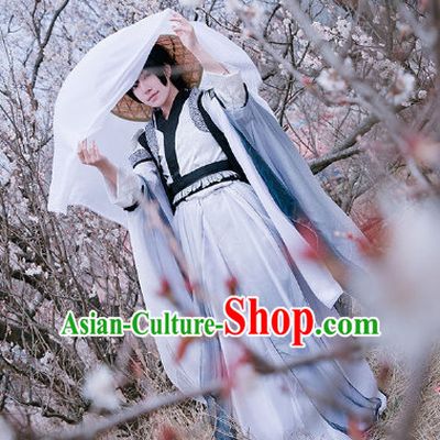 Ancient Chinese Jianghu Swordman Costume Clothing and Straw Hat Complete Set for Women or Men