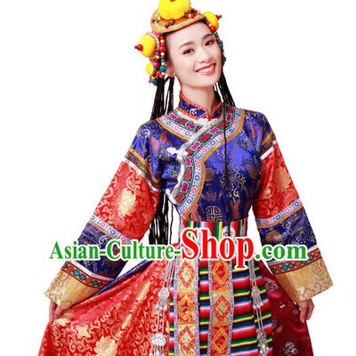 Chinese Tibetan Folk Dance Dress Clothing Dresses Costume Ethnic Dancing Cultural Dances Costumes for Women Girls