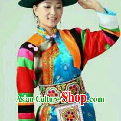 Chinese Tibetan Folk Dance Dress Clothing Dresses Costume Ethnic Dancing Cultural Dances Costumes for Women Girls