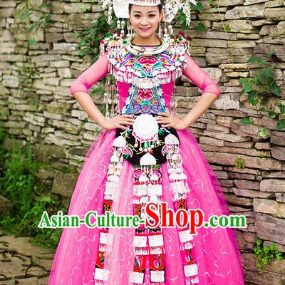 Chinese Hmong Girls Miao Nationality Ethnic Groups Wear Dresses Traditional Clothing for Women