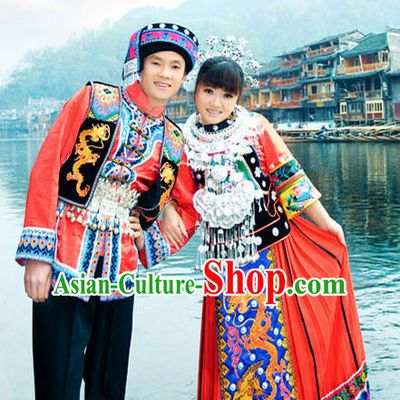 Chinese Hmong Minority Nationality Ethnic Groups Wear Dresses Traditional Clothing for Women and Men